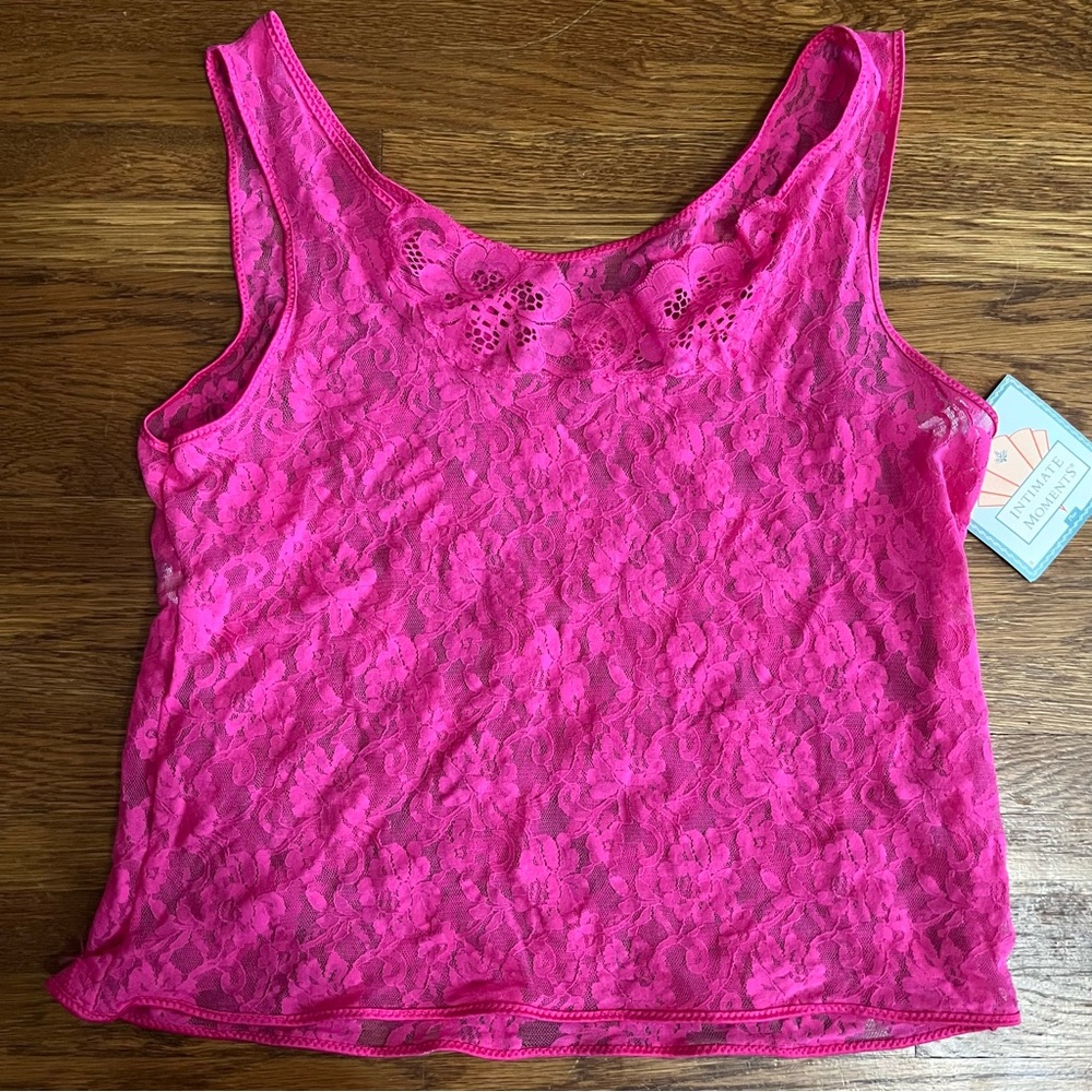 Vintage NWT Lace tank top camisole sheer Hot Pink coquette M 14/16 y2k